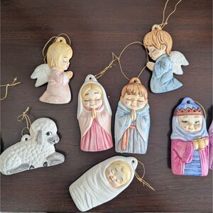 Vintage 80s Ceramic Mini Nativity Christmas Ornaments Set Hand Painted 11pieces‎